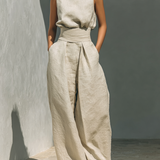 Minimalistisches ärmelloses Blusen- und Hosen-Set für Damen mit weitem Bein