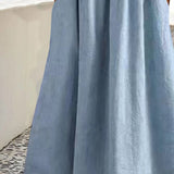 Light blue gathered midi skirt with pleated flare and straight hem