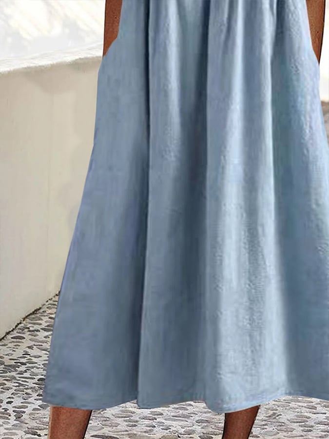 Light blue gathered midi skirt with pleated flare and straight hem