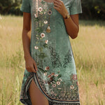 Bohemian print dress with short sleeves, green base with botanical and floral illustrations