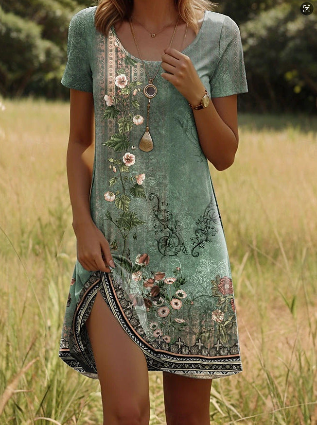 Bohemian print dress with short sleeves, green base with botanical and floral illustrations