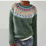 SILVIA retro pullover in dark green with colorful patterned yoke at the chest.