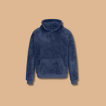Fleece hoodie pullover in navy blue, front view with kangaroo pocket and hood.