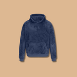 Fleece hoodie pullover in navy blue, front view with kangaroo pocket and hood.
