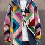 MATILDA Vibe cardigan with multicolor geometric print, hood, full zip, fuzzy lining