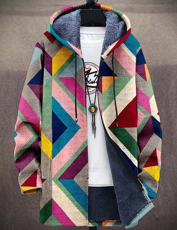 MATILDA Vibe cardigan with multicolor geometric print, hood, full zip, fuzzy lining