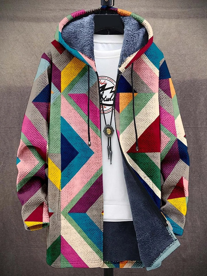 MATILDA Vibe cardigan with multicolor geometric print, hood, full zip, fuzzy lining
