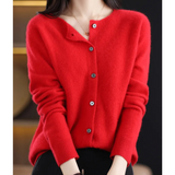 Red knit pullover with button-front V-neck and long sleeves