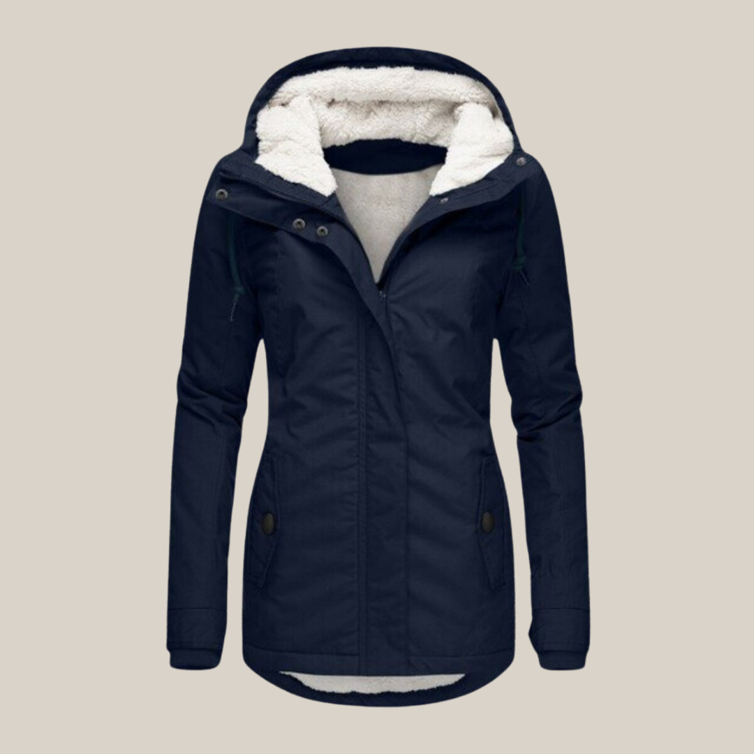 Warm lined hooded jacket in dark navy blue with sherpa-style inner lining