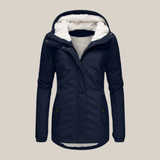Warm lined hooded jacket in dark navy blue with sherpa-style inner lining