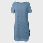 Light blue layered chiffon dress front view with short sleeves and tiered ruffles