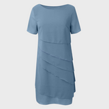 Light blue layered chiffon dress front view with short sleeves and tiered ruffles