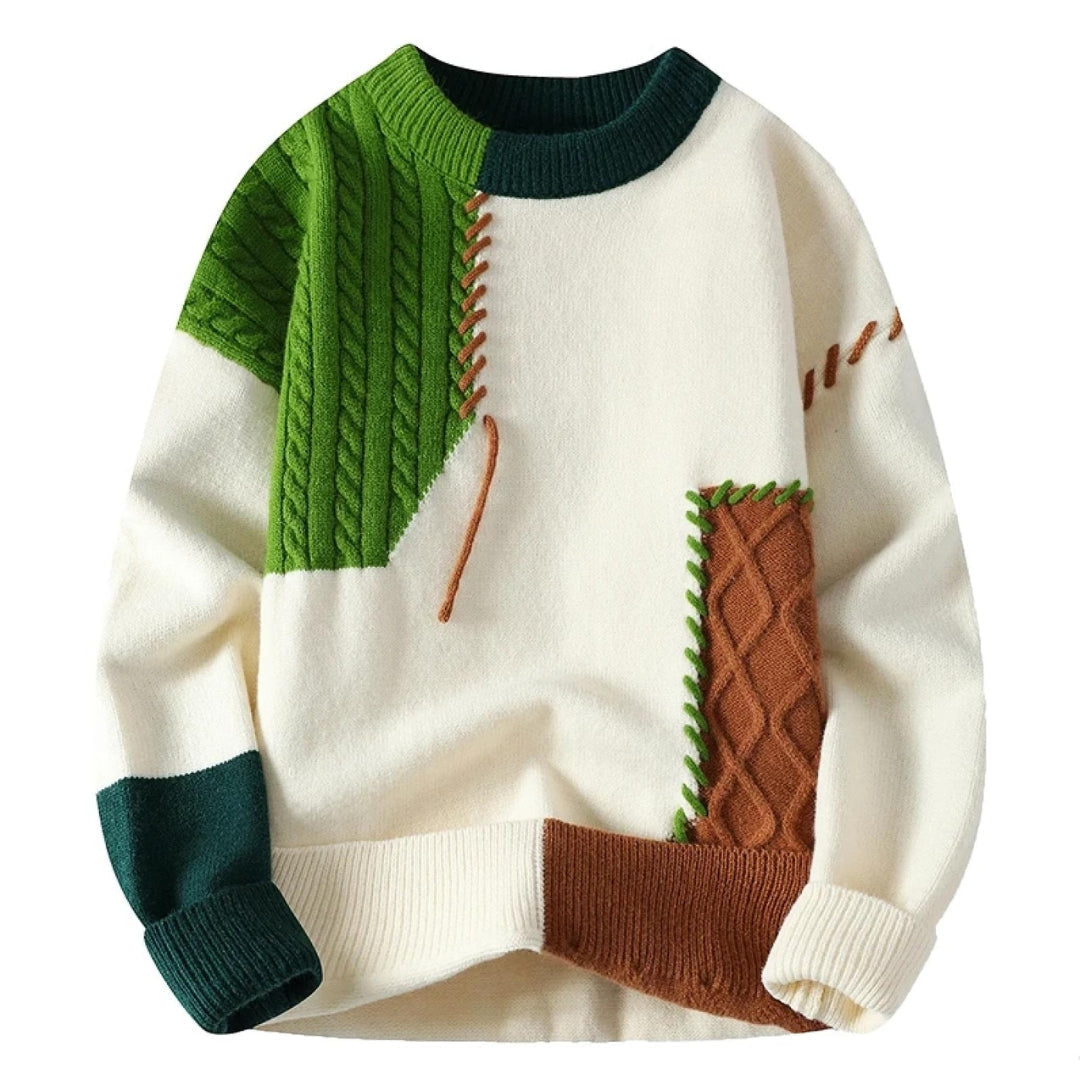 Color-block knit sweater in cream with green cable panel and brown accent pocket