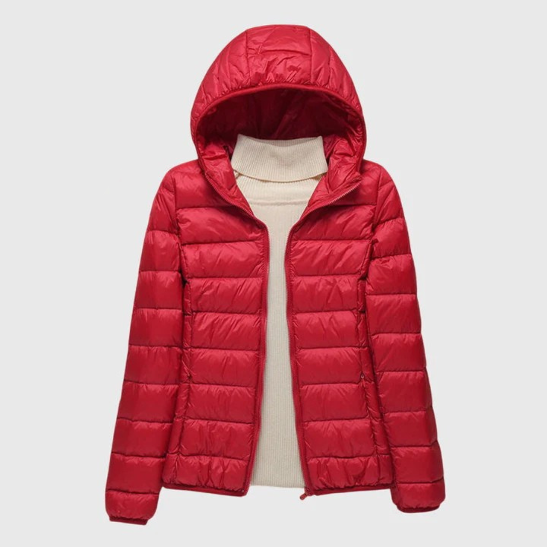 Ultralight puffer jacket with hood, red, full front zip