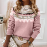 Pink Fair Isle crewneck knit sweater with long sleeves and patterned yoke