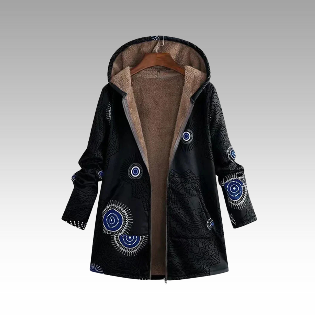 Black hooded winter jacket with fleece lining, blue circular print, front zipper