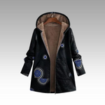 Black hooded winter jacket with fleece lining, blue circular print, front zipper