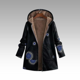 Black hooded winter jacket with fleece lining, blue circular print, front zipper