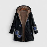 Black hooded parka jacket with blue circular print, front zipper, warm lined hood.
