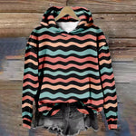 Hoodie with black teal and coral wavy stripes, oversized hood, long sleeves