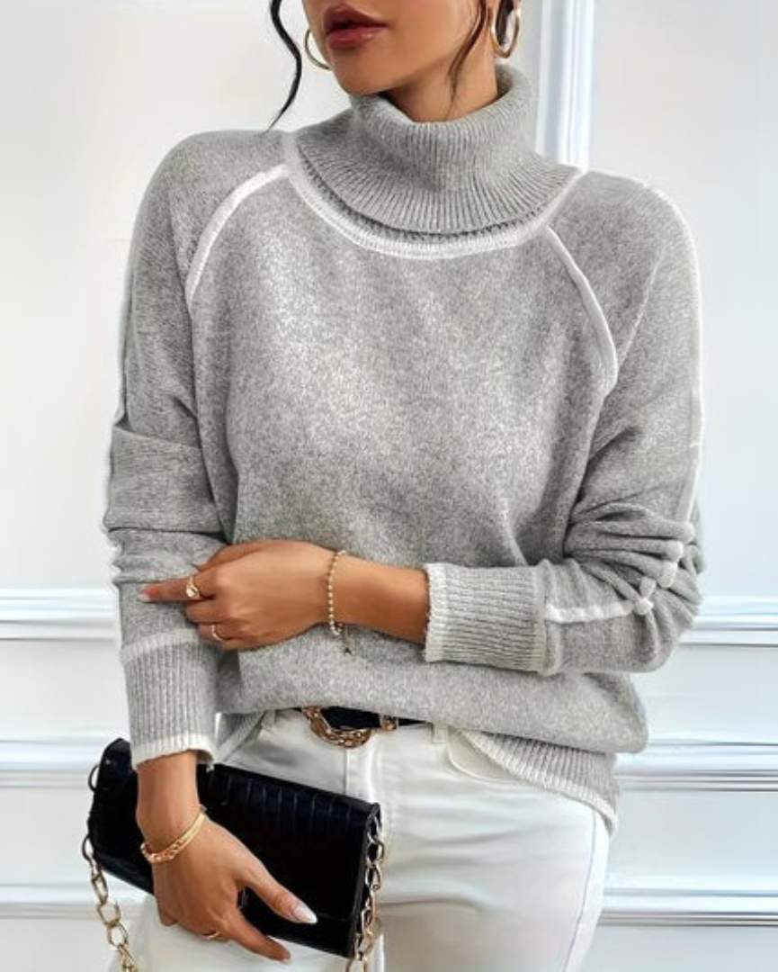 Victoria relaxed turtleneck sweater in heather gray with ribbed collar and contrast trim