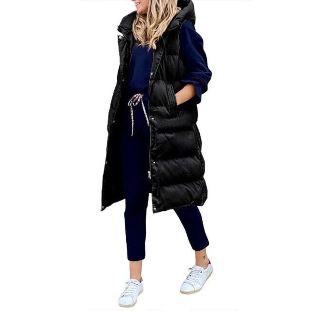 Long quilted body warmer vest, black with button-front and sleeveless design