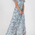 Aurelia light blue floral midi dress with V-neck, short ruffled sleeves, tiered skirt