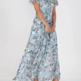 Aurelia light blue floral midi dress with V-neck, short ruffled sleeves, tiered skirt
