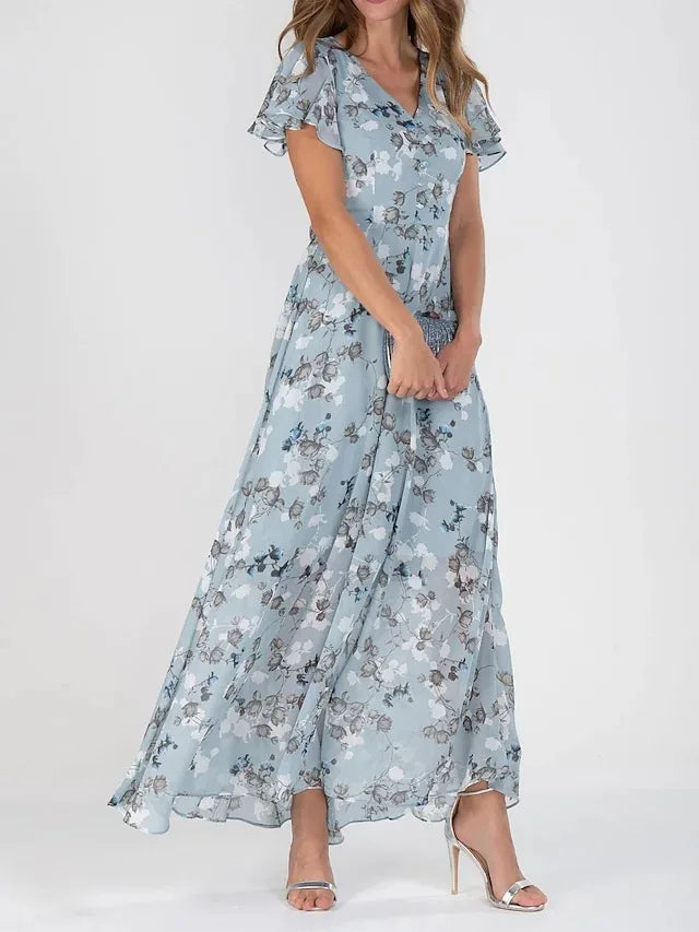 Aurelia light blue floral midi dress with V-neck, short ruffled sleeves, tiered skirt