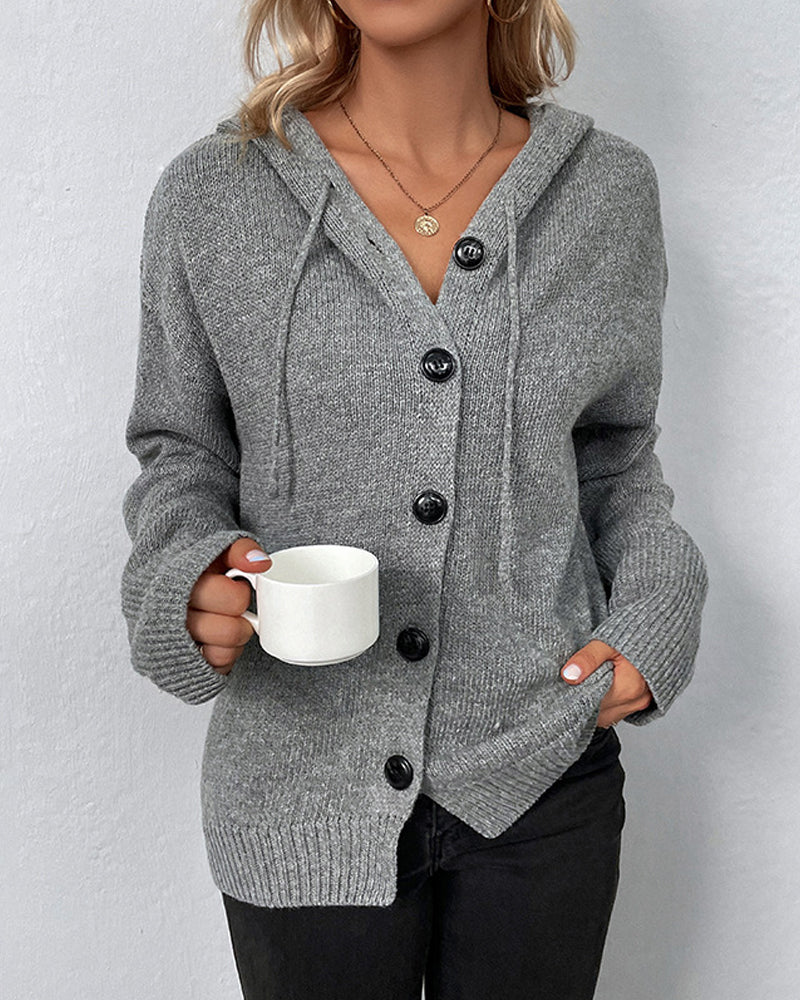 Gray hooded knit cardigan with button front and ribbed cuffs