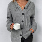 Gray hooded knit cardigan with button front and ribbed cuffs