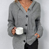 Gray hooded knit cardigan with button front and ribbed cuffs