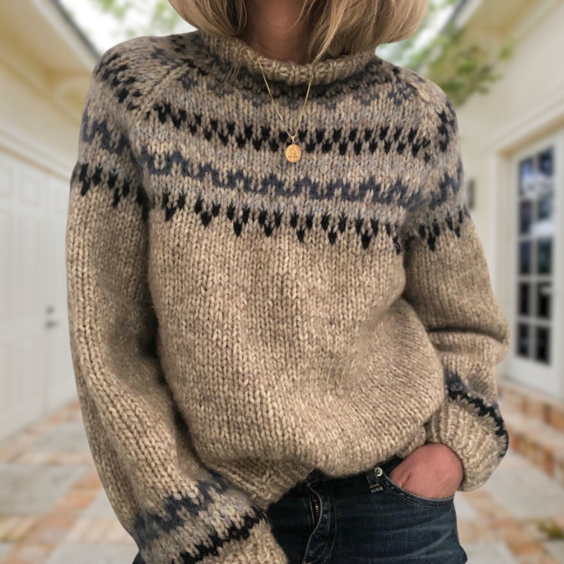 Layla™ super-soft pullover, beige knit with dark fair isle bands and long sleeves