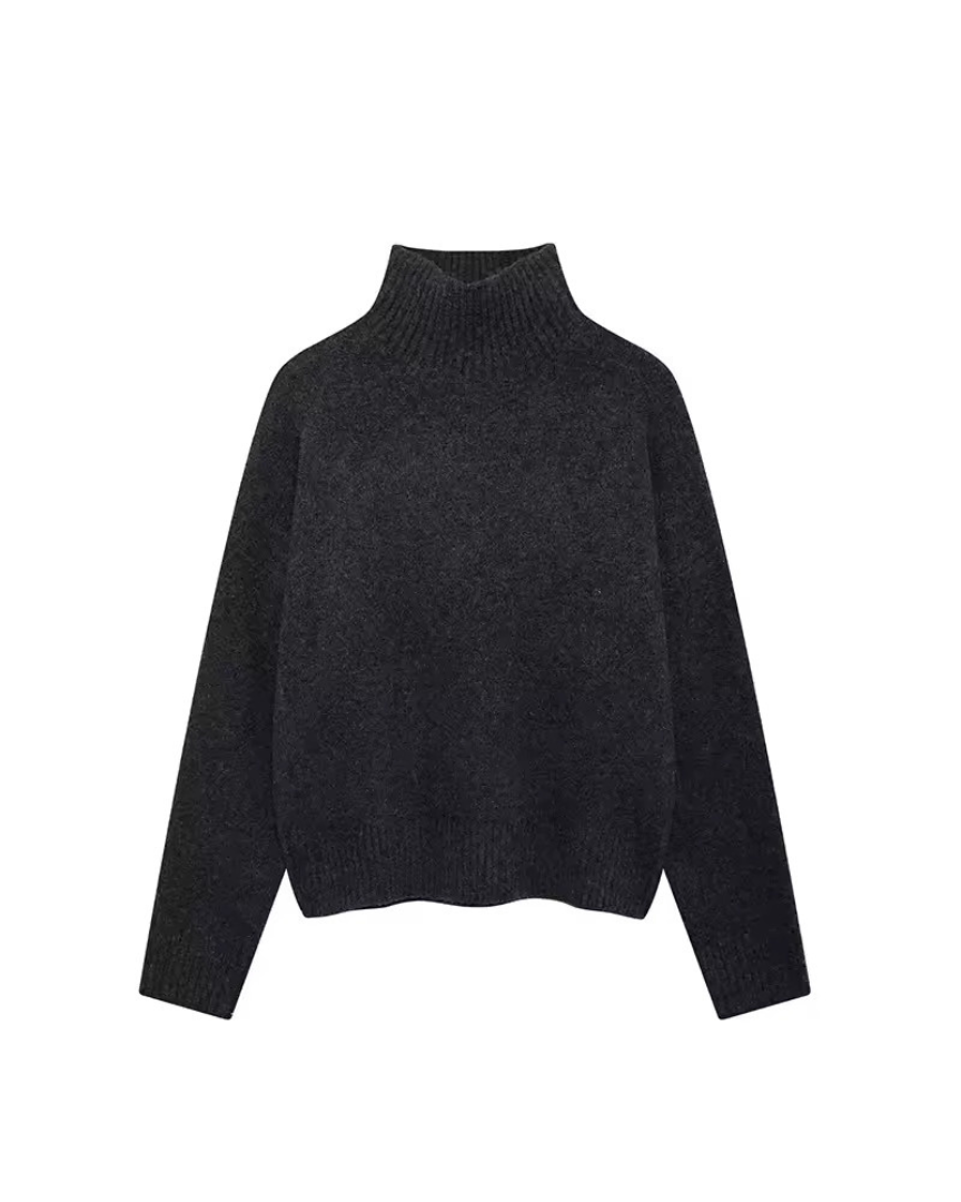 Dark gray ribbed knit turtleneck sweater with long sleeves