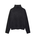 Dark gray ribbed knit turtleneck sweater with long sleeves