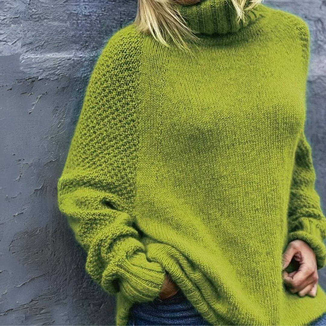Green chunky-knit rollneck sweater with dropped shoulders and long sleeves