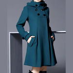 Teal hooded long coat with double-breasted buttons and side flap pockets