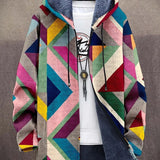 MATILDA Vibe cardigan, multicolor geometric hooded zip jacket with fuzzy navy lining