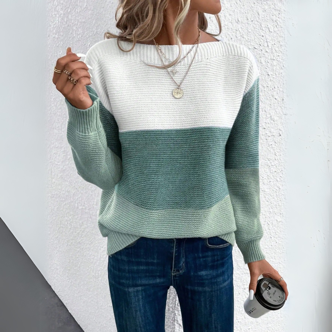 Three-color patchwork crewneck sweater, cream top with teal lower section