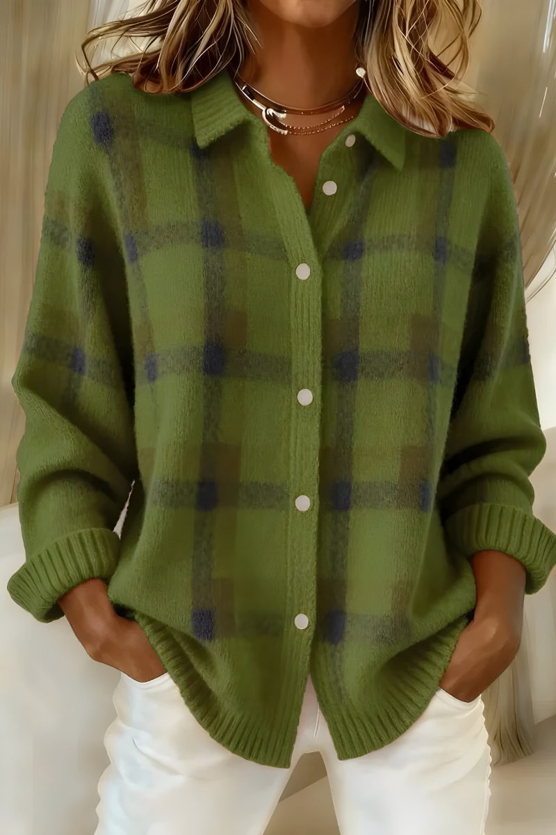 Green plaid button-front cardigan sweater with collared neckline and long sleeves
