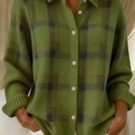 Green plaid button-front cardigan sweater with collared neckline and long sleeves