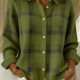 Green plaid button-front cardigan sweater with collared neckline and long sleeves