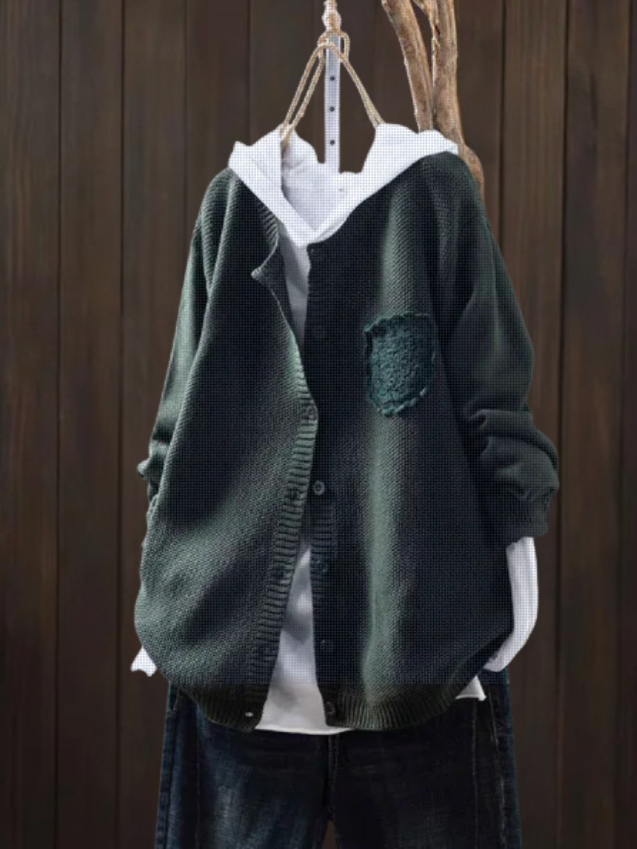 Der Ansley cozy cardigan, deep green textured knit, button front, cowl hood, patch chest pocket