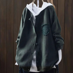 Der Ansley cozy cardigan, deep green textured knit, button front, cowl hood, patch chest pocket