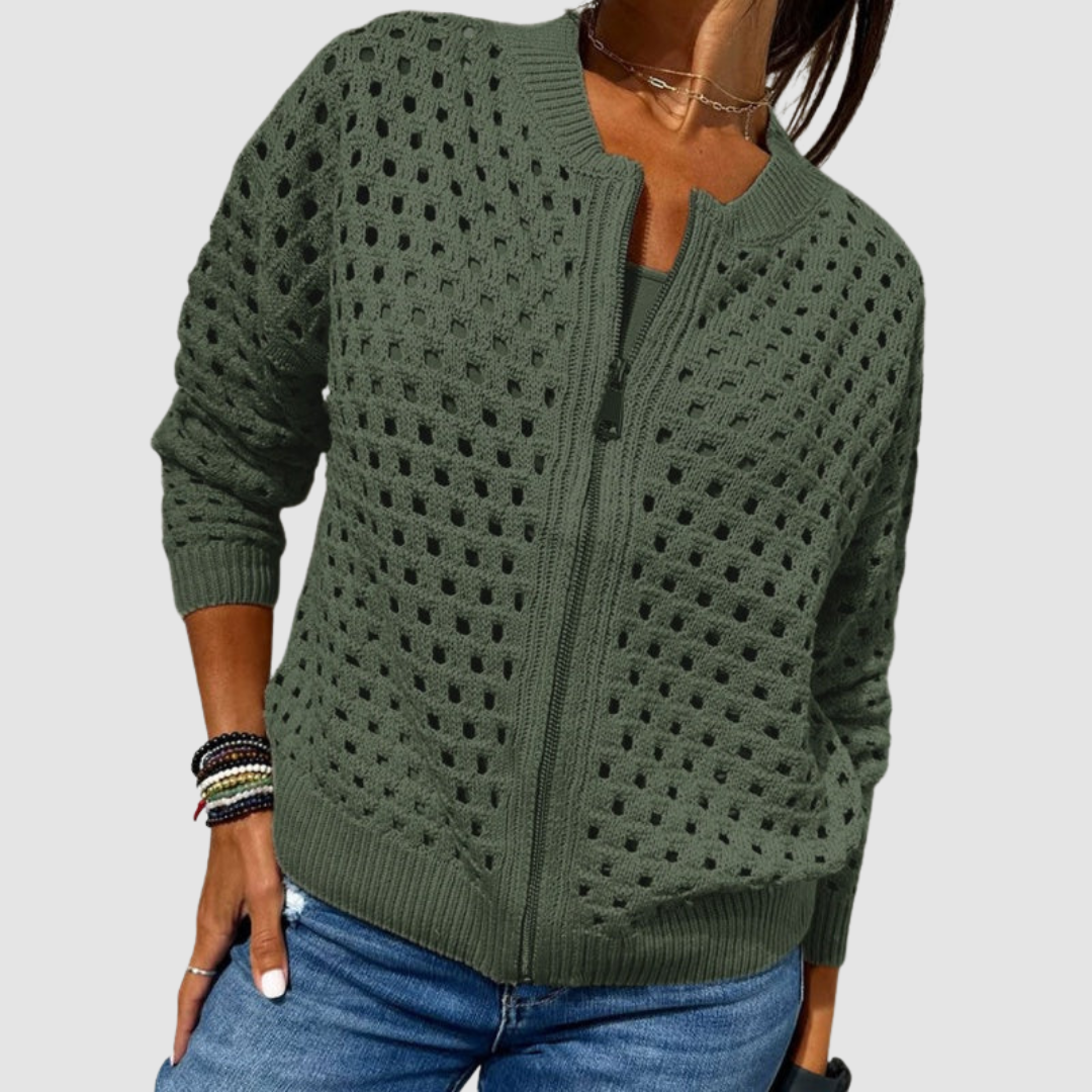 Dark green knit cardigan with full-zip front and textured dotted pattern.