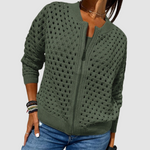 Dark green knit cardigan with full-zip front and textured dotted pattern.