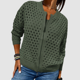 Dark green knit cardigan with full-zip front and textured dotted pattern.