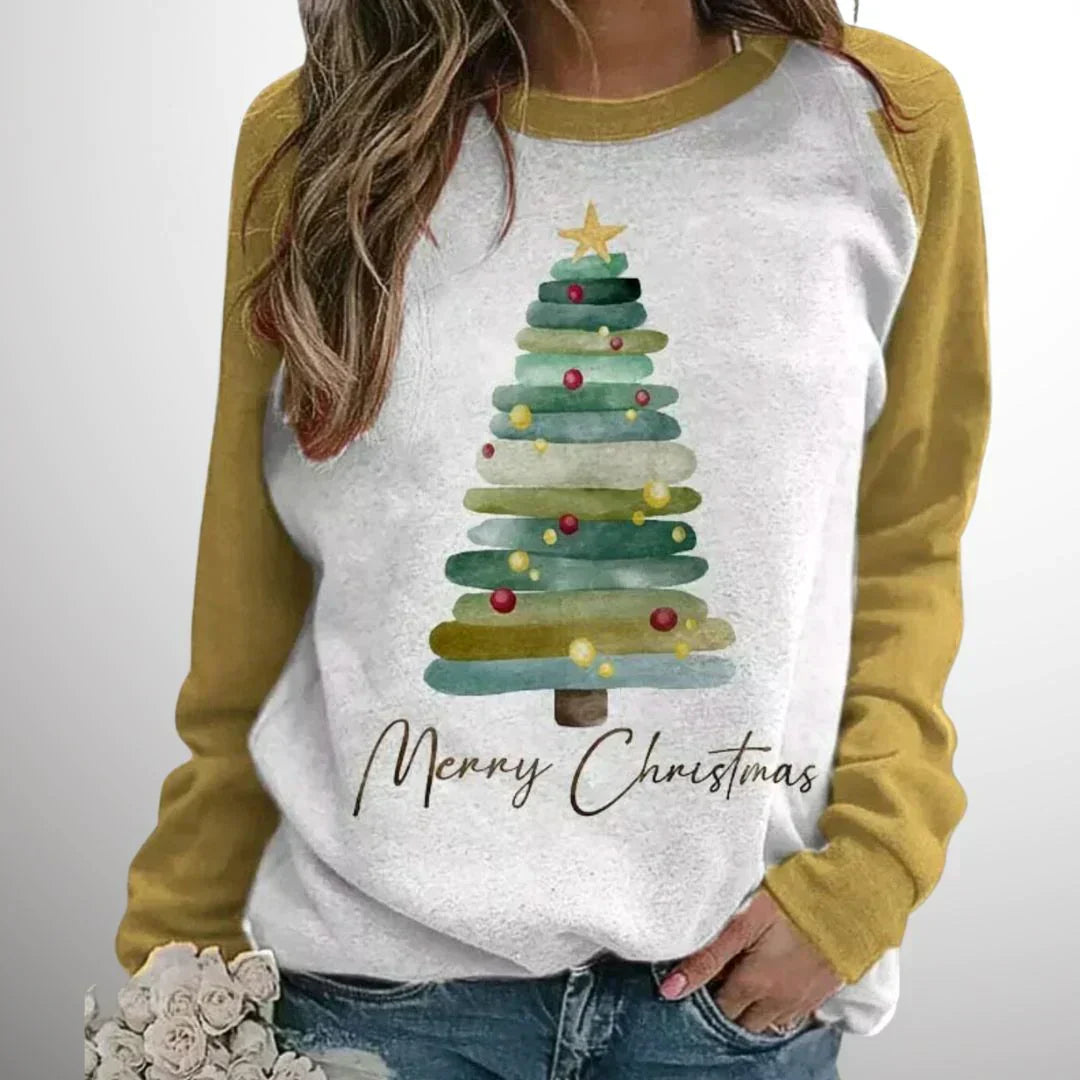 Women's festive pullover with raglan sleeves, crew neck, white front with tree and 'Merry Christmas' text