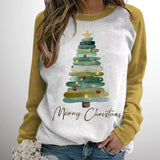 Women's festive pullover with raglan sleeves, crew neck, white front with tree and 'Merry Christmas' text