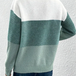 Two-tone long-sleeve sweater, crew back view with white upper section and green body